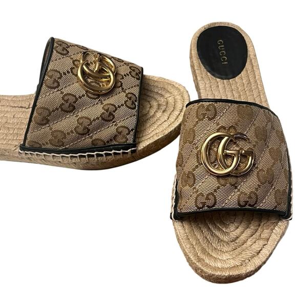 GUCCI Monogram Matelasse GG Marmont Espadrille Slide Sandals Size 38 Beige Black - Picture 13 of 16